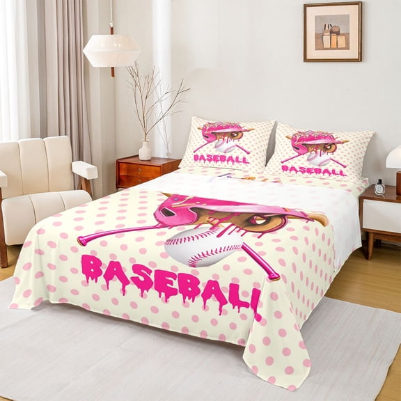 Feelyou Kawaii Pink Helmet Twin Sheet Sets, Splash Baseball Bedding, 3 Pieces