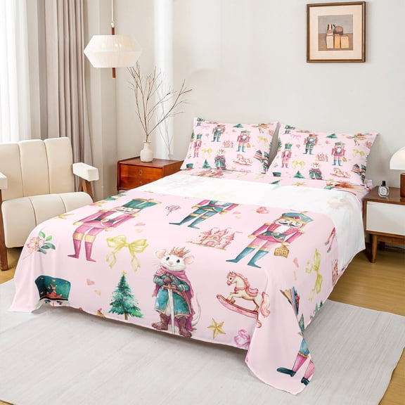 Feelyou Kawaii Pink Nutcracker Bed Sheets, Christmas Princess Bowknot King Sheets, Teen Kid Child Sheet Set, Ultra Soft Home Decor, 4pcs