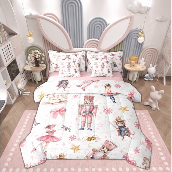 Feelyou Kawaii Pink Nutcracker Bedding Comforter Set 7 Pieces, Christmas Princess Bowknot Full Bedding Set, Teen Kid Child Reversible Fitted Sheet Flat Sheet, Lightweight Room Decor