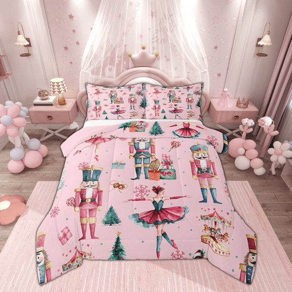 Feelyou Kawaii Pink Nutcracker Bedding Comforter Set, Christmas Princess Twin Comforter Sets, Teen Kid Child Reversible Bedding Set, Microfiber Bedroom Decor, 2 Pieces