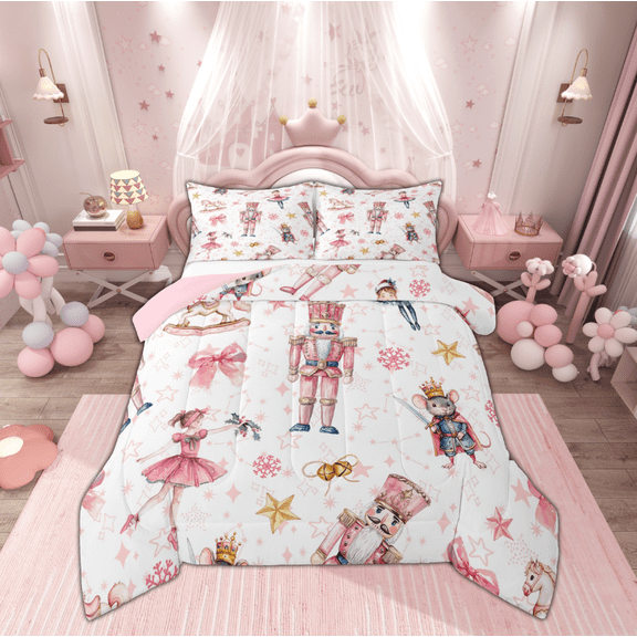 Feelyou Kawaii Pink Nutcracker Queen Comforter Set, Christmas Princess Bowknot Bedding Sets, Teen Kid Child Reversible Bedding Comforter Set, Lightweight Room Decor, 3pcs