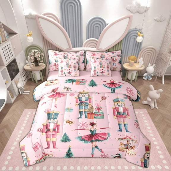 Feelyou Kawaii Pink Nutcracker Twin Bedding Sets 7-Piece, Christmas Princess Bedding Comforter Set, Teen Kid Child Reversible Sheet Sets, Microfiber Bedroom Decor