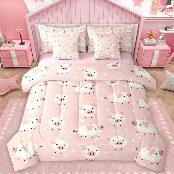 Feelyou Kawaii Pink Pig Twin Bedding Sets 7-Piece for Kids, Cute Farm Animal Bedding Comforter Set, Cartoon Stars Print Reversible Sheet Sets, Microfiber Bedroom Decor