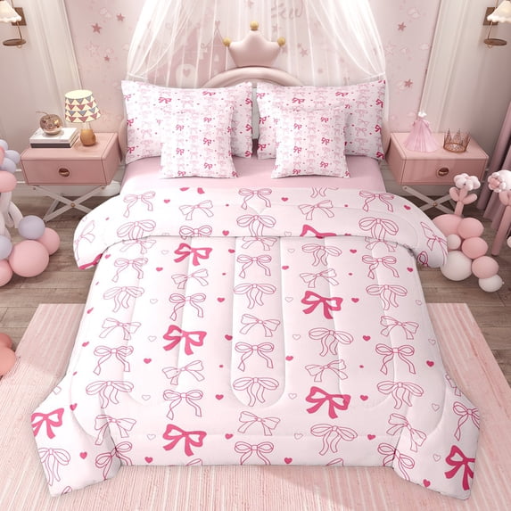 Feelyou Kawaii Pink Ribbon Bedding Comforter Set 7 Pieces for Kids, Fashion Bow-tie Bow Full Bedding Set, Cartoon Love Heart Reversible Fitted Sheet Flat Sheet, Luxury Bedroom Decor