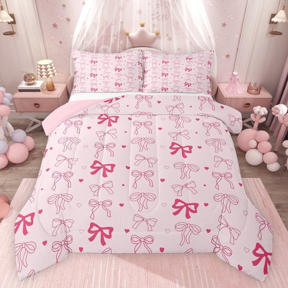 Feelyou Kawaii Pink Ribbon Full Size Comforter Sets for Kids, Fashion Bow-tie Bow Bedding Comforter Set, Cartoon Love Heart Reversible Bedding Sets, Luxury Bedroom Decor, 3pcs