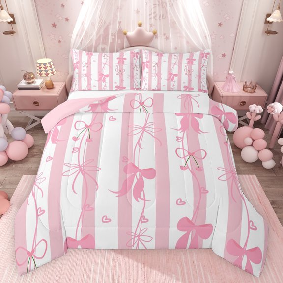 Feelyou Kawaii Pink Ribbon Full Size Comforter Sets for Kids, Princess Bow-tie Cherry Bedding Comforter Set, Cartoon Love Heart Reversible Bedding Sets, Ultra Soft Bedroom Decor, 3-Piece