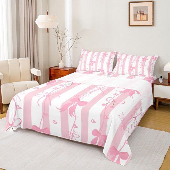 Feelyou Kawaii Pink Ribbon Full Size Sheets for Kids, Princess Bow-tie Cherry Bed Sheets, Cartoon Love Heart Sheet Sets, Ultra Soft Bedroom Decor, 4-Piece