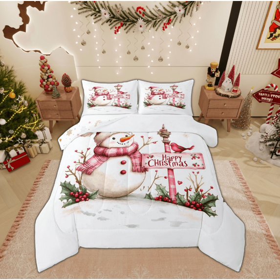 Feelyou Kawaii Pink Snowman 01, Winter Snowflake Twin Comforter Sets, Happy Christmas Holiday Reversible Bedding Set, Lightweight Room Decor, 2pcs