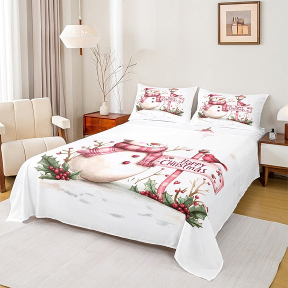 Feelyou Kawaii Pink Snowman Bed Sheets, Winter Snowflake King Sheets, Happy Christmas Holiday Sheet Set, Lightweight Room Decor, 4pcs