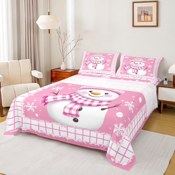 Feelyou Kawaii Pink Snowman Bed Sheets for Teens, Christmas Snowflake Print King Sheets, Fashion Buffalo Sheet Set, Breathable Home Decor, 4pcs