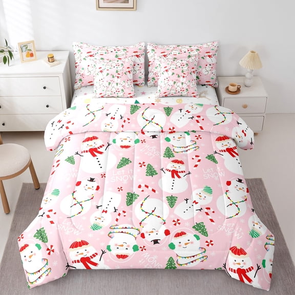 Feelyou Kawaii Pink Snowman Bedding Comforter Set 7pcs, Winter Christmas King Bedding Sets, Cartoon Xams Tree Reversible Bed Sheets, Breathable Home Decor, 3 Pieces