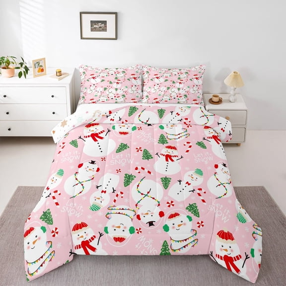 Feelyou Kawaii Pink Snowman Bedding Comforter Set, Winter Christmas Twin Comforter Sets, Cartoon Xams Tree Reversible Bedding Set, Breathable Home Decor, 2 Pieces