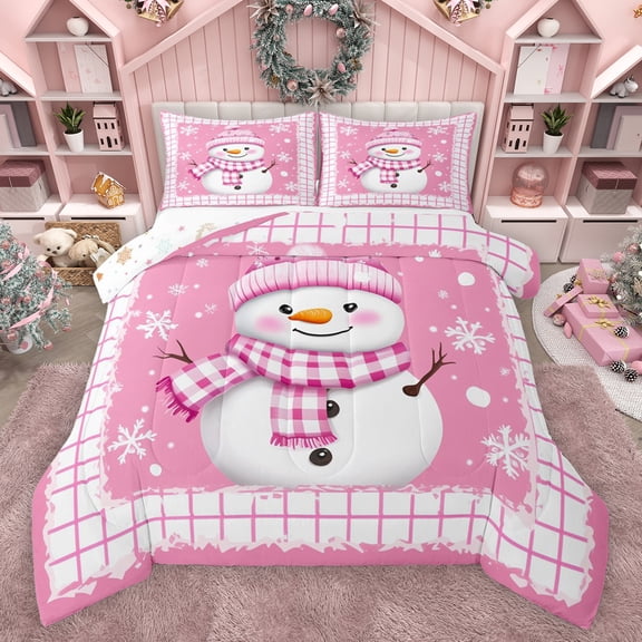 Feelyou Kawaii Pink Snowman Full Size Comforter Sets for Teens, Christmas Snowflake Print Bedding Comforter Set, Fashion Buffalo Reversible Bedding Sets, Breathable Home Decor, 3pcs