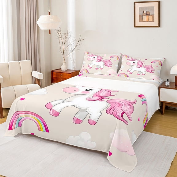 Feelyou Kawaii Pink Unicorn Twin Sheet Sets for Kids, Dreamy Rainbow Cloud Twin Fitted Sheet, Cute Animal Theme Flat Sheet, Breathable Home Decor, 3pcs