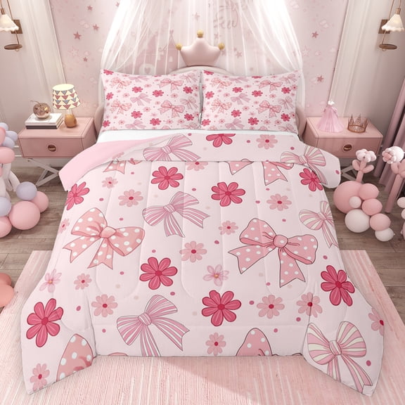 Feelyou Kawaii Polkadot Bowknot Bedding Comforter Set for Kids, Blossoms Flower Floral Twin Comforter Sets, Fairy Tale Princess Reversible Bedding Set, Breathable Home Decor, 2pcs