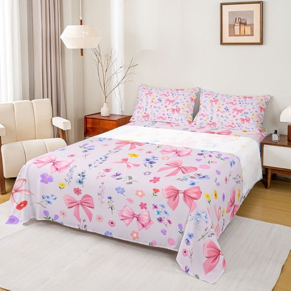 Feelyou Kawaii Princess Bowknot Full Size Sheets, Cartoon Flower Floral Bed Sheets, Spring Leaf Botanical Sheet Sets, Breathable Home Decor, 4 Pieces