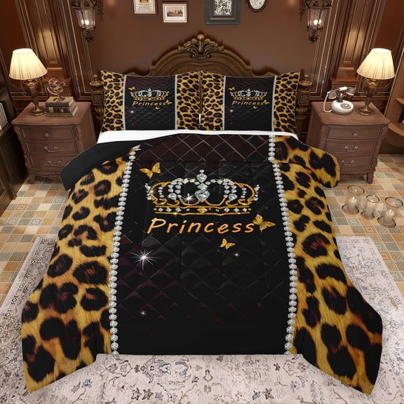 Feelyou Kawaii Princess Crown Bedding Comforter Set, Fashion Leopard Print Twin Comforter Sets, Glitter Diamond Reversible Bedding Set, Breathable Home Decor, 2pcs