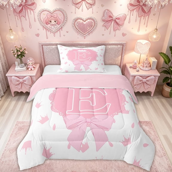 Feelyou Kawaii Princess Crown Monogram E Twin Comforter Sets for Girls, Pink Cartoon Ribbon Bedding Set, Pink Reversible, 2 Pieces, 1 Comforter and 1 Pillowcase