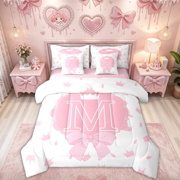 Feelyou Kawaii Princess Crown Monogram M Twin Bedding for Girls, Pink Cartoon Ribbon Bedding Comforter Set, Pink Reversible, 7-Piece