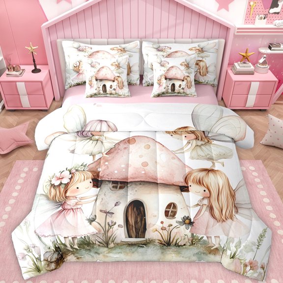 Feelyou Kawaii Princess Elf Bedding Comforter Set 7pcs for Teens, Dreamy Fairy Tale King Bedding Sets, Cartoon Mushroom House Reversible Bed Sheets, Luxury Bedroom Decor