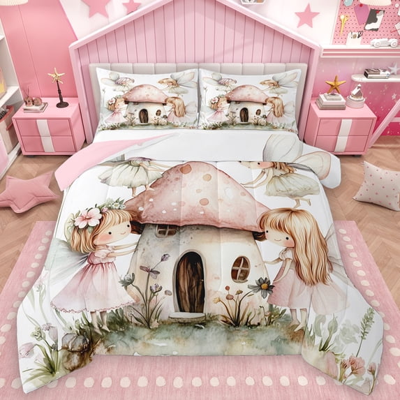 Feelyou Kawaii Princess Elf Full Size Comforter Sets for Teens, Dreamy Fairy Tale Bedding Comforter Set, Cartoon Mushroom House Reversible Bedding Sets, Luxury Bedroom Decor, 3-Piece