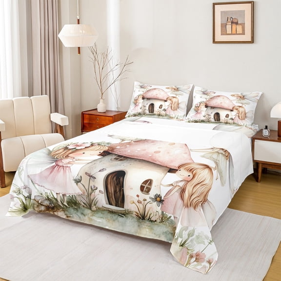 Feelyou Kawaii Princess Elf Twin Sheet Sets for Teens, Dreamy Fairy Tale Twin Fitted Sheet, Cartoon Mushroom House Flat Sheet, Luxury Bedroom Decor, 3-Piece