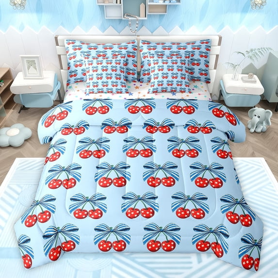 Feelyou Kawaii Princess Ribbon Bedding Comforter Set 7pcs, Cute Stars Cherry Queen Bedding Sets, Teens Kids Boys Girls Reversible Queen Sheet Sets, Breathable Home Decor