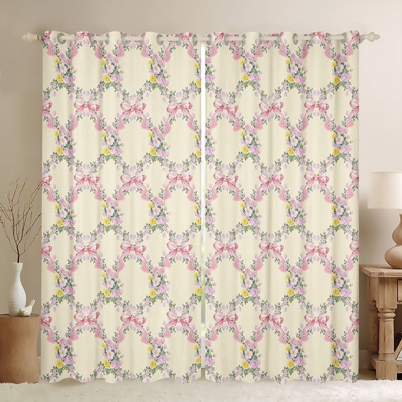 Feelyou Kawaii Princess Ribbon Blackout Curtains Set of 2 (52x84 Each), Rustic Flower Floral Window Curtains, Teens Kids Girls Women Curtains and Drapes, Blackout Curtains Room Decor