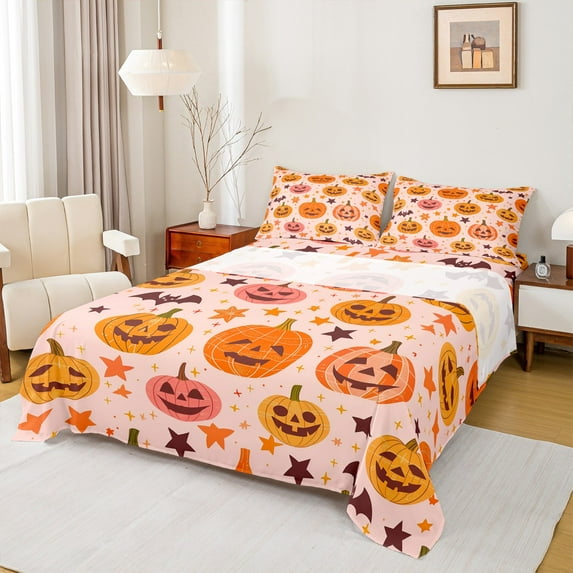 Feelyou Kawaii Pumpkin Bed Sheets, Cartoon Stars Print King Sheets, Halloween Bat Sheet Set, Luxury Bedroom Decor,4-Piece