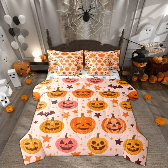 Feelyou Kawaii Pumpkin Bedding Comforter Set 7pcs, Cartoon Stars Print Queen Bedding Sets, Halloween Bat Reversible Queen Sheet Sets, Luxury Bedroom Decor