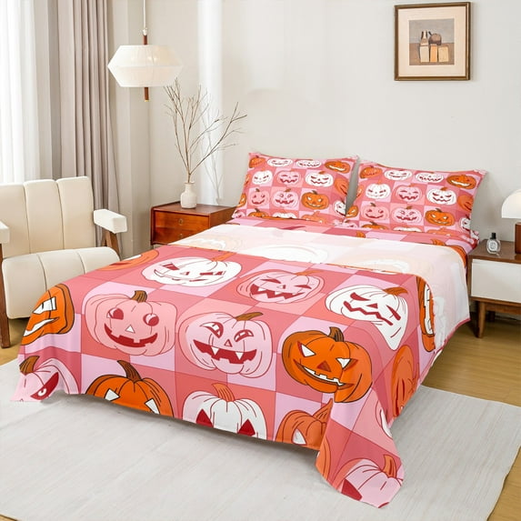Feelyou Kawaii Pumpkin Full Size Sheets, Cartoon Halloween Bed Sheets, Pink Plaid Patchwork Sheet Sets, Breathable Home Decor,4 Pieces