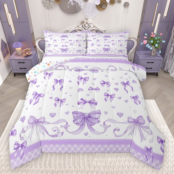 Feelyou Kawaii Purple Ribbon Full Size Comforter Sets for Kids, Cartoon Love Heart Bedding Comforter Set, Cute Princess Style Reversible Bedding Sets, Breathable Home Decor, 3pcs