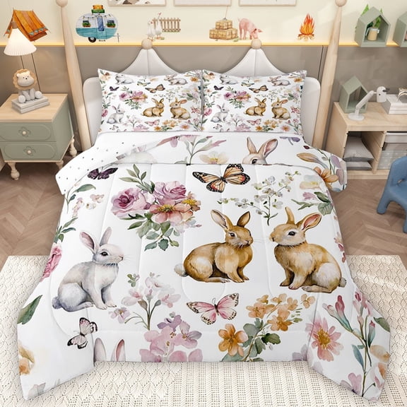Feelyou Kawaii Rabbit Animal Bedding Comforter Set, Cute Butterfly Bunnies Twin Comforter Sets, Rustic Flower Floral Reversible Bedding Set, Ultra Soft Bedroom Decor, 2-Piece