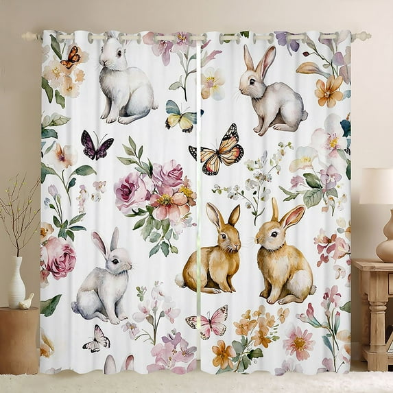Feelyou Kawaii Rabbit Animal Black Out Curtains, Cute Butterfly Bunnies Curtains Pack of 2 (42x63 Each), Rustic Flower Floral Bedroom Curtains, Curtains and Drapes Decor