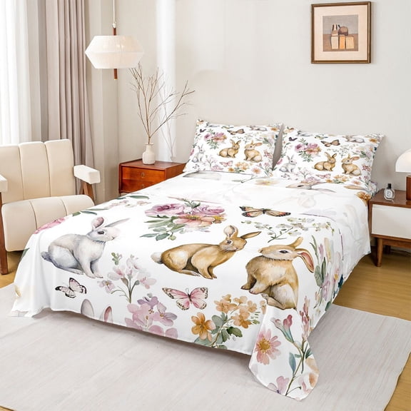 Feelyou Kawaii Rabbit Animal Twin Sheet Sets, Cute Butterfly Bunnies Twin Fitted Sheet, Rustic Flower Floral Flat Sheet, Ultra Soft Bedroom Decor, 3-Piece