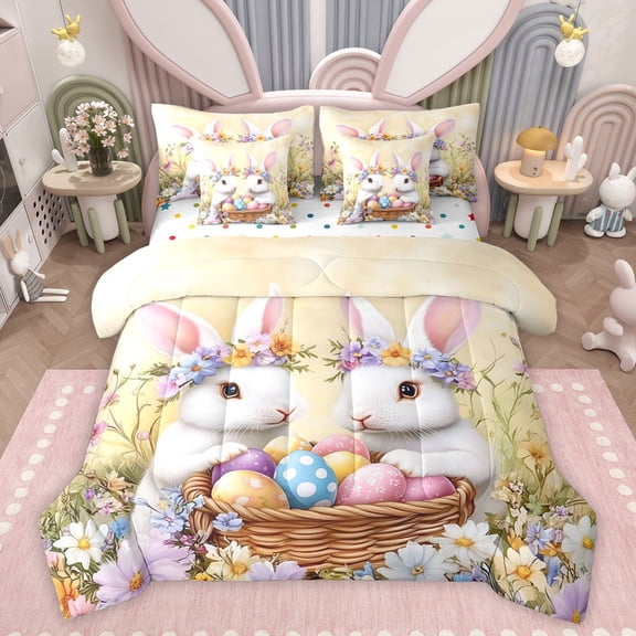 Feelyou Kawaii Rabbit Bunnies Bedding Comforter Set 7pcs, Cartoon Eggs King Bedding Sets, Happy Western Easter Reversible Bed Sheets, Ultra Soft Bedroom Decor