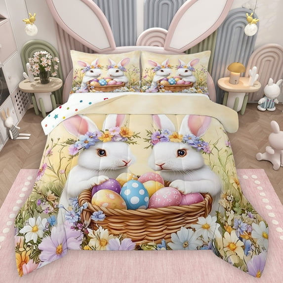 Feelyou Kawaii Rabbit Bunnies Bedding Comforter Set, Cartoon Eggs Twin Comforter Sets, Happy Western Easter Reversible Bedding Set, Ultra Soft Bedroom Decor, 2pcs