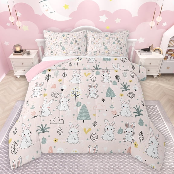 Feelyou Kawaii Rabbit Bunnies Bedding Comforter Set, Jungle Tree Plant Twin Comforter Sets, Cute Cartoon Animal Reversible Bedding Set, Breathable Home Decor, 2pcs