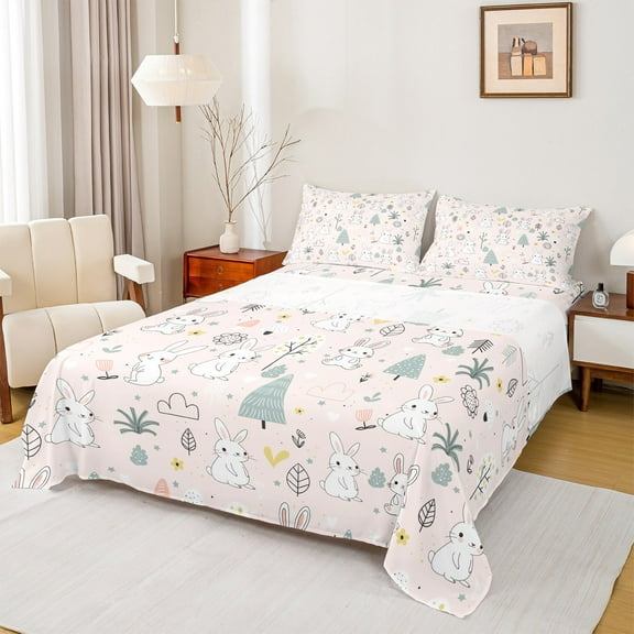 Feelyou Kawaii Rabbit Bunnies Full Size Sheets, Jungle Tree Plant Bed Sheets, Cute Cartoon Animal Sheet Sets, Breathable Home Decor, 4pcs
