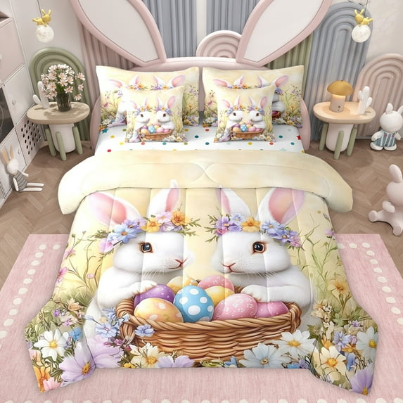 Feelyou Kawaii Rabbit Bunnies Twin Bedding Sets 7-Piece, Cartoon Eggs Bedding Comforter Set, Happy Western Easter Reversible Sheet Sets, Ultra Soft Bedroom Decor