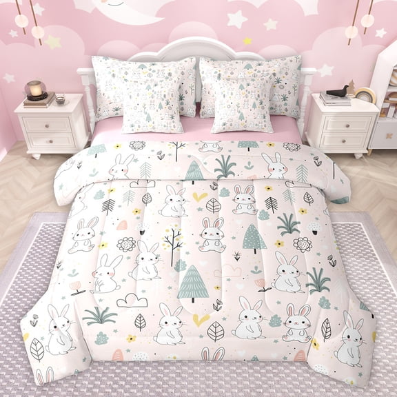Feelyou Kawaii Rabbit Bunnies Twin Bedding Sets 7-Piece, Jungle Tree Plant Bedding Comforter Set, Cute Cartoon Animal Reversible Sheet Sets, Breathable Home Decor