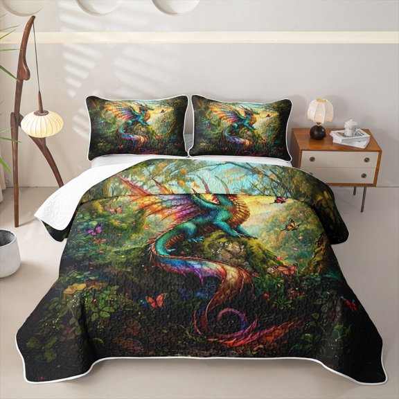 Feelyou Kawaii Rainbow Dragon Animal Bed Spread Queen for Boys Girls, Nature Floral Queen Coverlet Set, Teal Orange, 3 Pieces