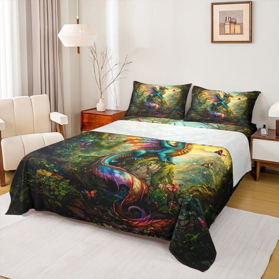 Feelyou Kawaii Rainbow Dragon Animal Full Size Sheets for Kids Boys Girls, Nature Floral Bed Sheets, Teal Orange, 4 Pieces