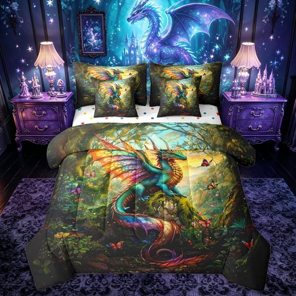 Feelyou Kawaii Rainbow Dragon Animal Twin Bedding Sets for Kids Boys Girls, Nature Floral Bedding Comforter Set, Teal Orange, Polkadot Reversible, 7 Pieces