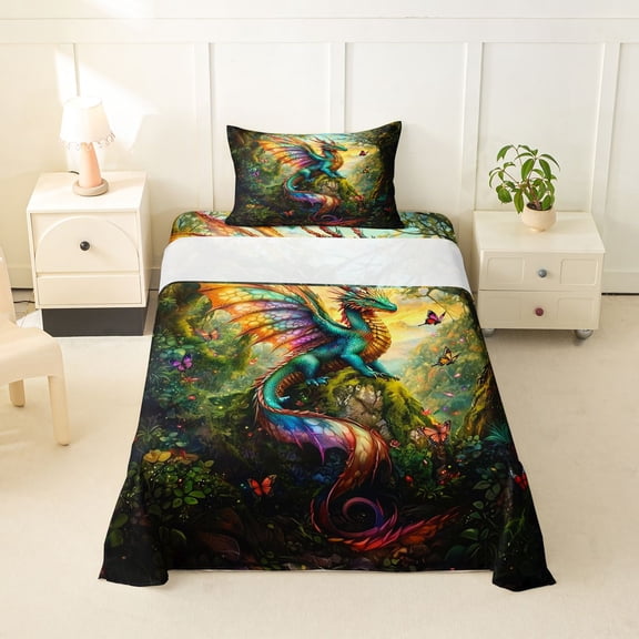 Feelyou Kawaii Rainbow Dragon Animal Twin Sheet Sets for Kids Boys Girls, Nature Floral Bedding, Teal Orange, 3 Pieces