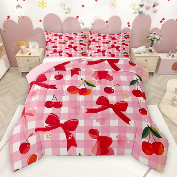 Feelyou Kawaii Red Bowknot Bedding Comforter Set for Teens, Cartoon Fruit Cherry Twin Comforter Sets, Pink Check Buffalo Reversible Bedding Set, Luxury Bedroom Decor, 2 Pieces