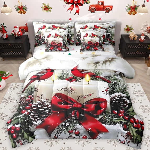 Feelyou Kawaii Red Bowknot Twin Bedding Sets 7-Piece for Kids, Christmas Robin Bird Bedding Comforter Set, Happy New Year Reversible Sheet Sets, Breathable Home Decor
