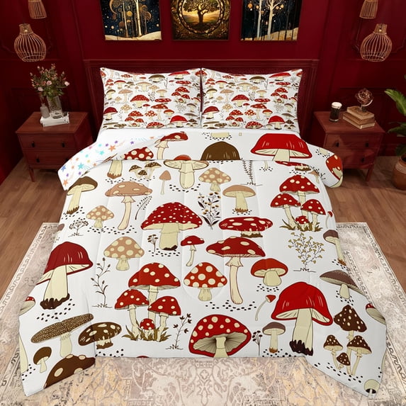 Feelyou Kawaii Red Mushroom Full Size Comforter Sets, Cartoon Botanical Plant Bedding Comforter Set, Teens Kids Boys Girls Reversible Bedding Sets, Microfiber Bedroom Decor, 3pcs