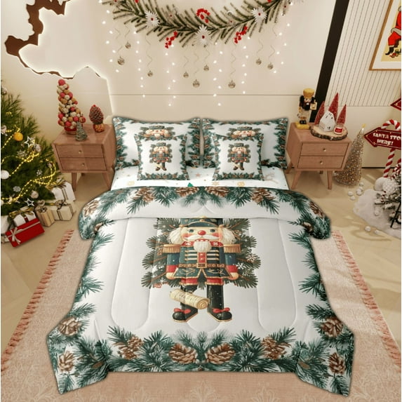 Feelyou Kawaii Retro Nutcracker Twin Bedding Sets 7-Piece, Christmas Plant Bedding Comforter Set, Kids Teen Child Reversible Sheet Sets, Microfiber Bedroom Decor