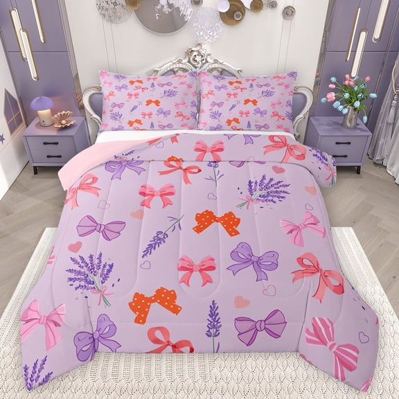 Feelyou Kawaii Ribbon Bow Bedding Comforter Set for Girl, Fairy Tale Princess Twin Comforter Sets, Purple Cute Bowknot Reversible Bedding Set, Lightweight Room Decor, 2pcs